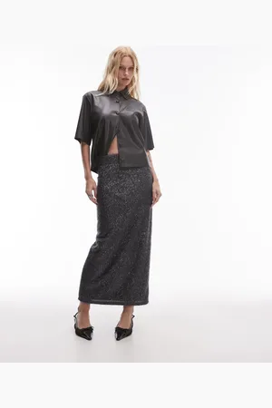 Topshop – Midaxirock in Stahlgrau mit Pailletten