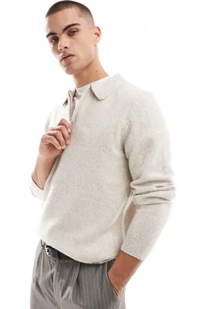 Threadbare – Gestrickter Polo-Pullover in meliertem Ecru mit Reißverschluss