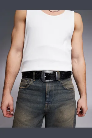 ASOS – Gürtel aus schwarzem Kunstleder mit Westernschnalle und gewebtem Detail