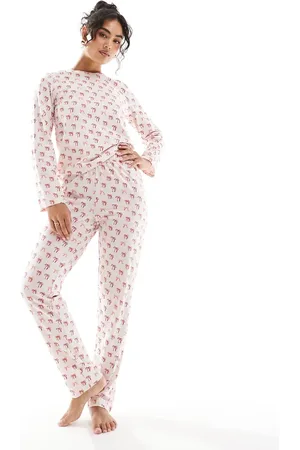 Pieces® – Weihnachtlicher, langärmliger Pyjama in mit Schleifen-Muster
