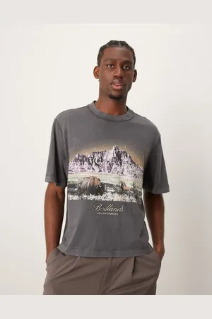 Abercrombie & Fitch – Kurz geschnittenes T-Shirt in anthrazitgrauer Acid-Waschung mit „Badlands“-Nationalpark-Print