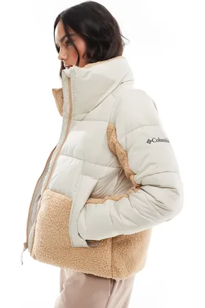 Columbia – Leadbetter Point II – Hybrid-Pufferjacke aus Sherpa-Fleece in dunklem Steinbeige und Kanu-Creme