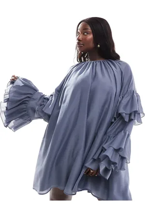 ASOS ASOS DESIGN Curve – Minikleid aus Voile in Schieferblau mit Rüschenärmeln