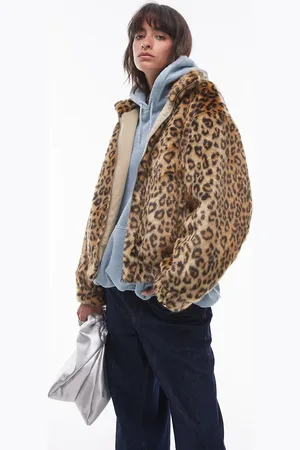Topshop Faux – Bomberjacke aus Kunstpelz mit mehrfarbigem Leopardenmuster und durchgehendem Reißverschluss