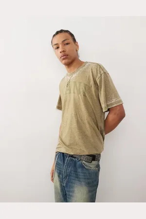 Karl Kani – T-Shirt in Olivgrün mit Serifen-Ausbrennerdetail