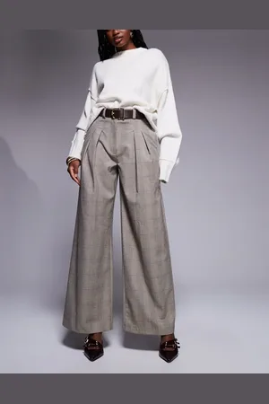 River Island – Karierte Hose in Hellbraun mit weitem Bein