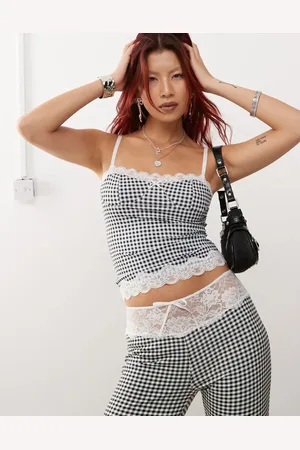 Lioness – Korsett-Camisole in Schwarz-Weiß mit Spitzenborte und Vichy-Karo, Kombiteil