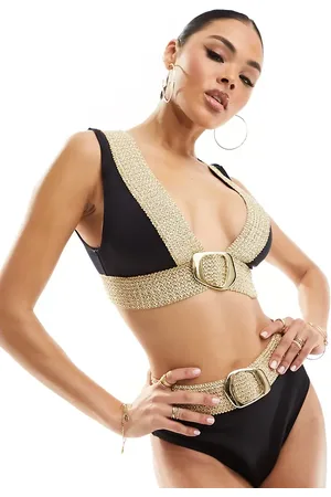 River Island – Hoch geschnittene Bikinihose in mit Gummiband und Schnallendetail