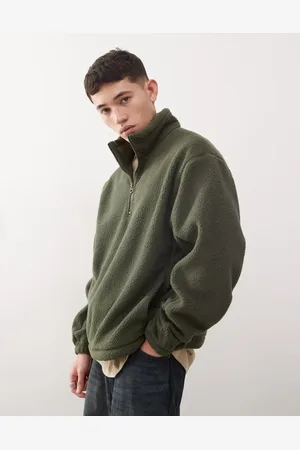 Weekday – Travis – Teddyfell-Sweatshirt in Khaki mit kurzem Reißverschluss