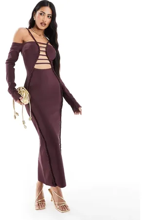 ASOS – Bandagen-Midikleid in Pflaumenlila mit Carmen-Ausschnitt und geknotetem Gitter-Detail