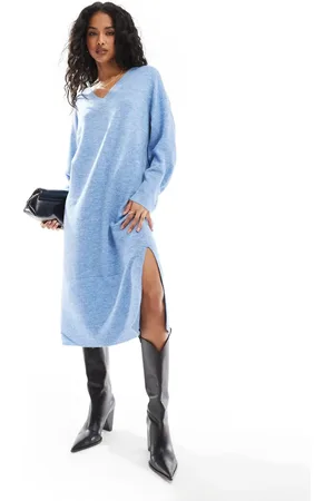 VERO MODA – Midi-Strickkleid in meliert mit Oversize-Passform und V-Ausschnitt