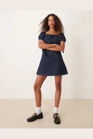 ASOS – Etuikleid aus Jeansstoff in Indigoblau mit Puffärmeln