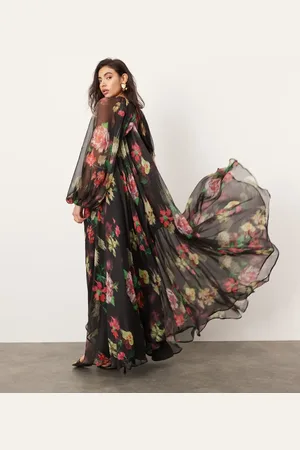 ASOS – Maxikleid aus Chiffon mit voluminösen Ärmeln und Blumenmuster auf schwarzem Untergrund