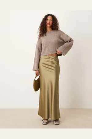 Miss Selfridge – Maxirock aus Satin in Khaki