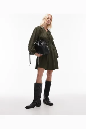 Topshop – Kariertes Minikleid in Khaki mit Bindedetails vorn