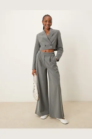 Pimkie – Weit geschnittene, elegante Hose in Grau mit geknöpftem Bund und Nadelstreifen, Kombiteil