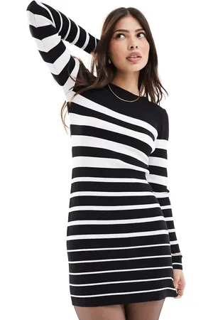 Miss Selfridge – Geripptes, langärmliges Minikleid aus kompaktem Strick mit Streifenmuster