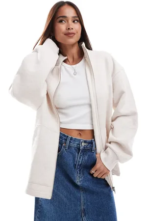 ASOS – Hochgeschlossenes Sweatshirt in meliertem Hellbeige mit durchgehendem Reißverschluss
