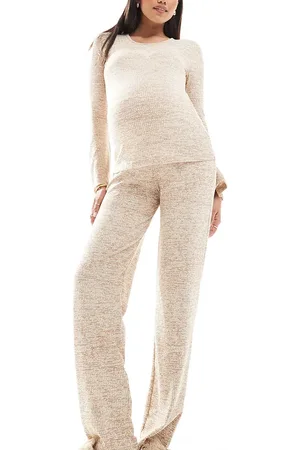 Mama;licious Mamalicious Maternity – Gerippte Jersey-Schlaghose in meliertem Beige, Kombiteil