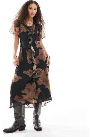 Reclaimed – Midikleid mit Blumenmuster, Rüschen und Bindedetail vorne