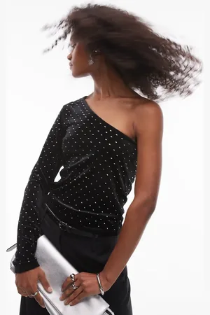 MANGO – Oberteil aus Samt in mit Nietenbesatz und One-Shoulder-Träger