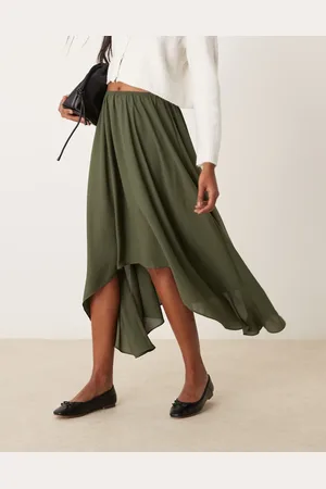 ASOS – Fließender Midirock in Khaki mit Hoch-Tief-Saum