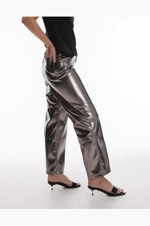 Topshop Hourglass – Gerade geschnittene Hose aus Metallic-Kunstleder in Graphitgrau