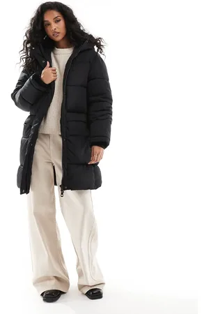 Pull&Bear – Wattierter Longline-Puffermantel in mit Kapuze