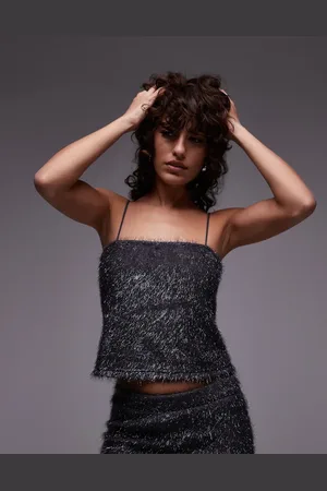 Topshop – Oberteil in Stahlgrau mit Lametta-Struktur