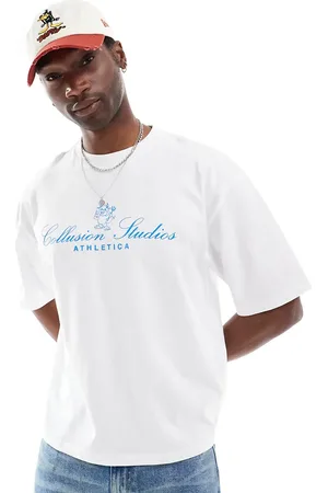 COLLUSION – Kurzes, kastiges T-Shirt in Blau mit Print