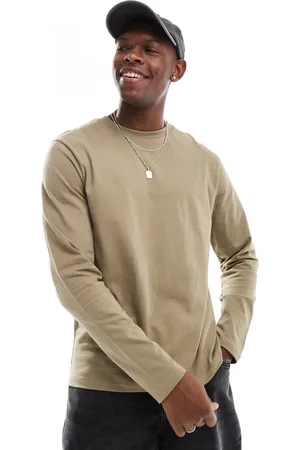 ASOS – Essential – Langärmliges Shirt in Khaki mit Rundhalsausschnitt