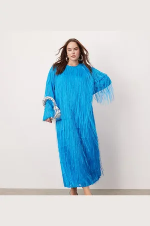 ASOS Curve – Maxikleid in leuchtendem Blau mit Rundhalsausschnitt und Fransendetail