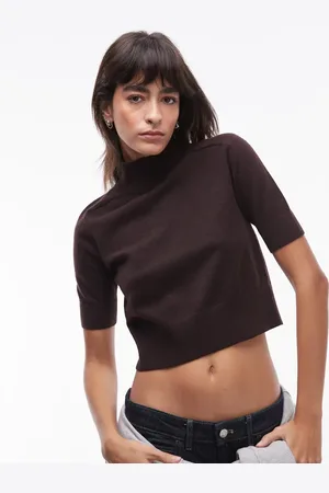 MANGO – Kurzärmeliges Strickoberteil aus Wollmix in Dunkelbraun