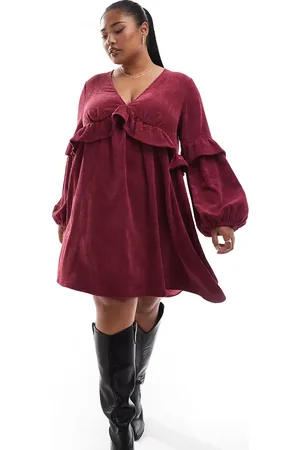 ASOS ASOS DESIGN Curve – Mini-Hängerkleid aus Cord in Weinrot mit Rüschen