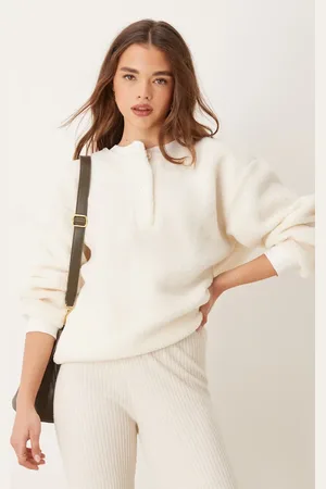 ASOS – Henley-Sweatshirt aus Teddyfell in Cremeweiß mit Knopfleiste