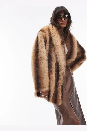 Topshop – Gestreifter Midi-Mantel aus Kunstpelz in Cremeweiß und
