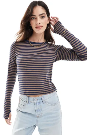 Pull&Bear – Gestreiftes, langärmliges Oberteil in Marineblau und Braun