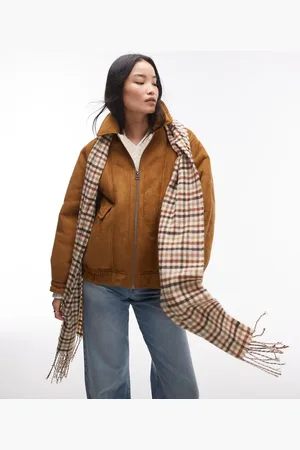 Topshop – Bomberjacke aus braunem Wildlederlederimitat mit Teddyfell