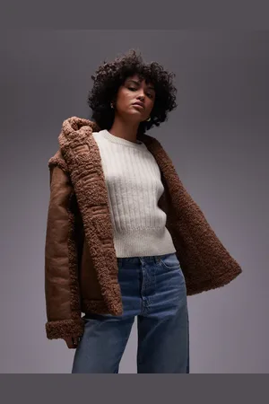 Topshop – Jacke aus Wildlederimitat in Hellbraun mit Kapuze