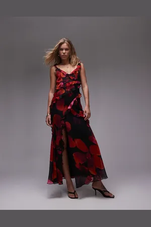 Topshop – Gerafftes Camisole-Maxikleid in markantem Rot und Rosa geblümt