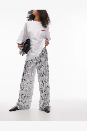 Topshop – Weit geschnittene Paillettenhose in Silber