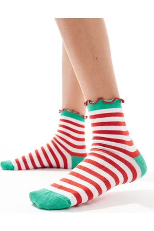 ASOS – Weihnachten – Knöchelhohe Socken mit Weihnachtselfen-Streifen und Rüschenrand