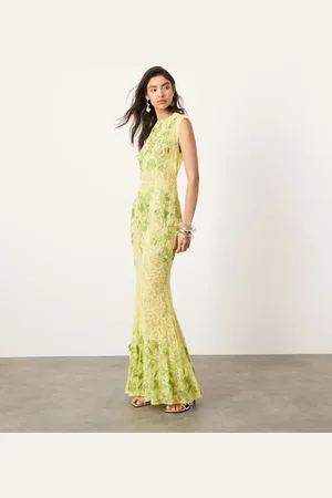 ASOS – Besticktes Maxikleid in Limettengrün aus transparenter, floraler Spitze mit Rückenausschnitt