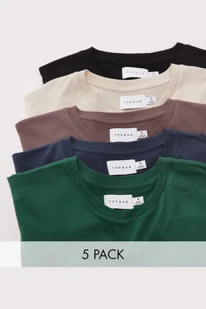 Topman – 5er-Pack T-Shirts in Schwarz, Steinbeige, Braun, Marineblau und Sport-Grün in regulärer Passform