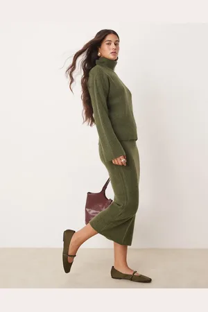 VILA – Gestrickter Midirock in Khaki, Kombiteil