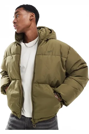 Pull&Bear – Kastige Pufferjacke in Khaki mit Kapuze