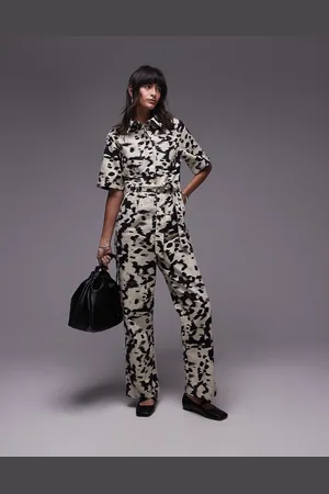 Topshop – Kurzärmliger Jumpsuit in Schwarz-Weiß mit Klecksmuster