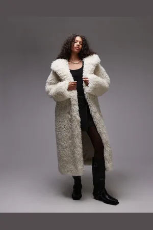 Topshop – Langer Dufflecoat aus Kunstpelz in Cremeweiß mit Kapuze