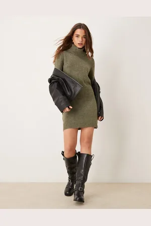 JDY – Strickkleid in meliertem Khaki mit Rollkragen
