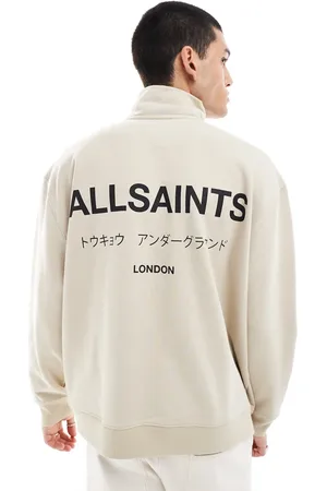 AllSaints – Underground – Sweatshirt in Steinbeige mit kurzem Reißverschluss